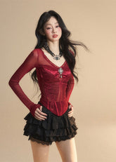 Cranberry Lace Shoulder Mesh T-shirt Women's